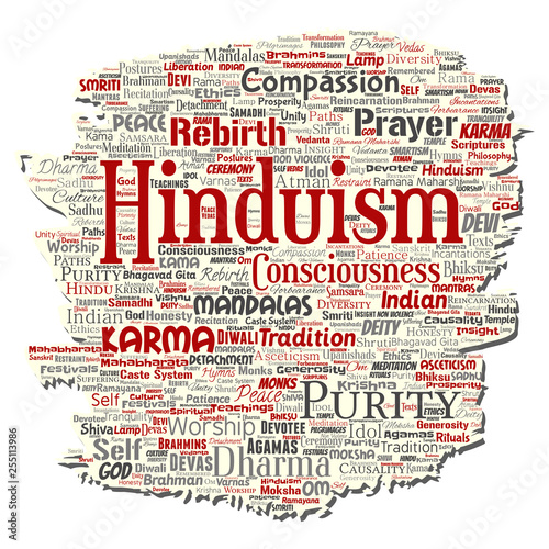 Vector conceptual hinduism, shiva, rama, yoga old torn paper word cloud isolated background. Collage of mandalas, samsara, celebration, tradition, peace, compassion, rebirth, karma, dharma concept