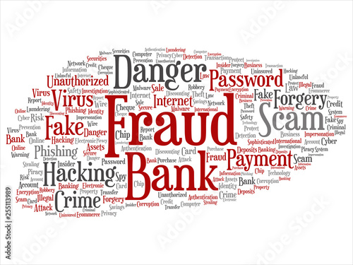 Vector conceptual bank fraud payment scam danger abstract word cloud isolated background. Collage of password hacking, virus fake authentication crime, illegal transaction identity theft text concept