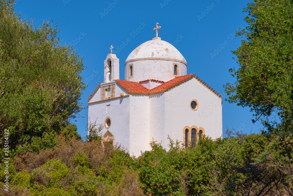 White-washed traditional Christian Orthodox church in Crete island, Greece