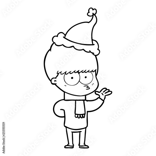 nervous line drawing of a boy wearing santa hat