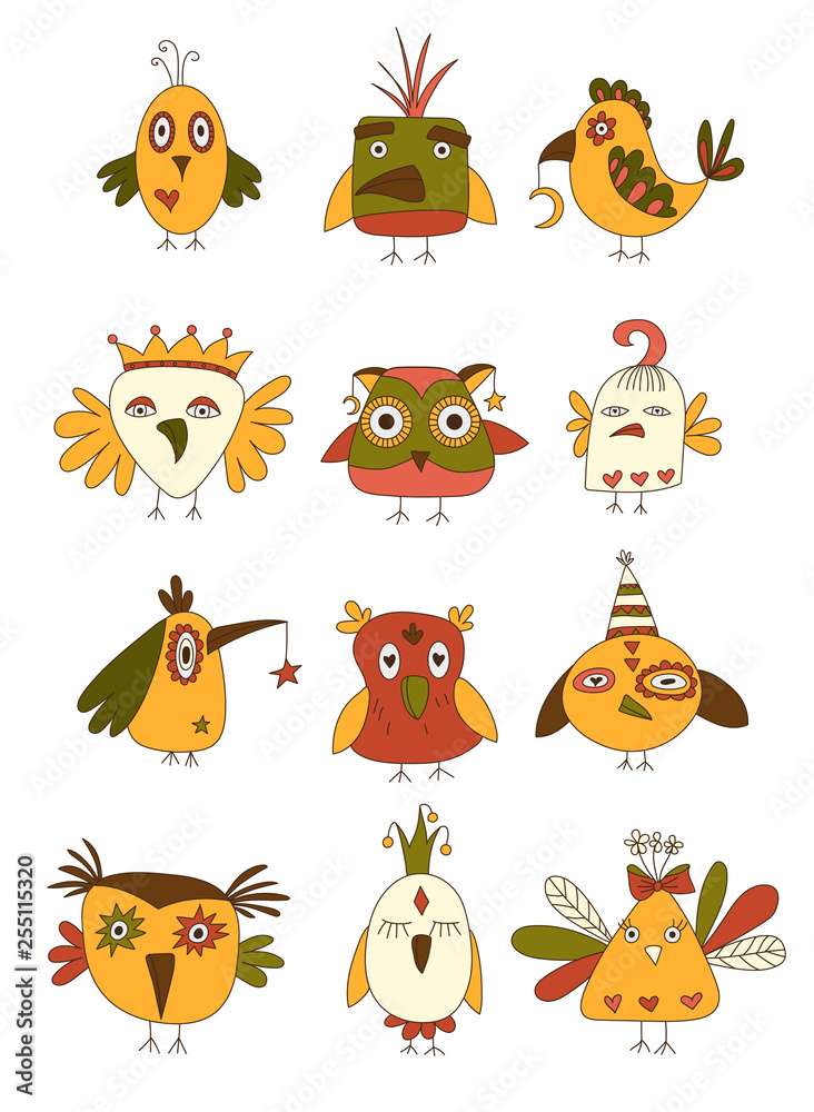 Set of Quirky birds. Hand drawn vector illustration.