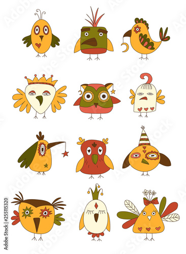 Set of Quirky birds. Hand drawn vector illustration.