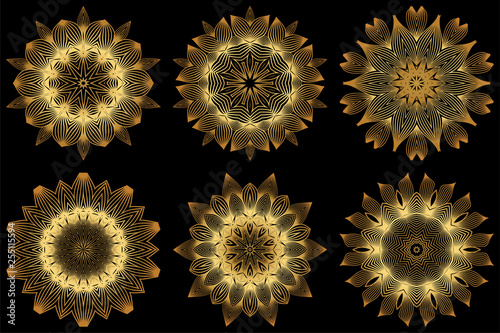 Sacred Oriental Mandala. Floral Ornament. Vector Illustration. Can Be Used For Greeting Card, Coloring Book, Phone Case Print. Luxury gold on black color