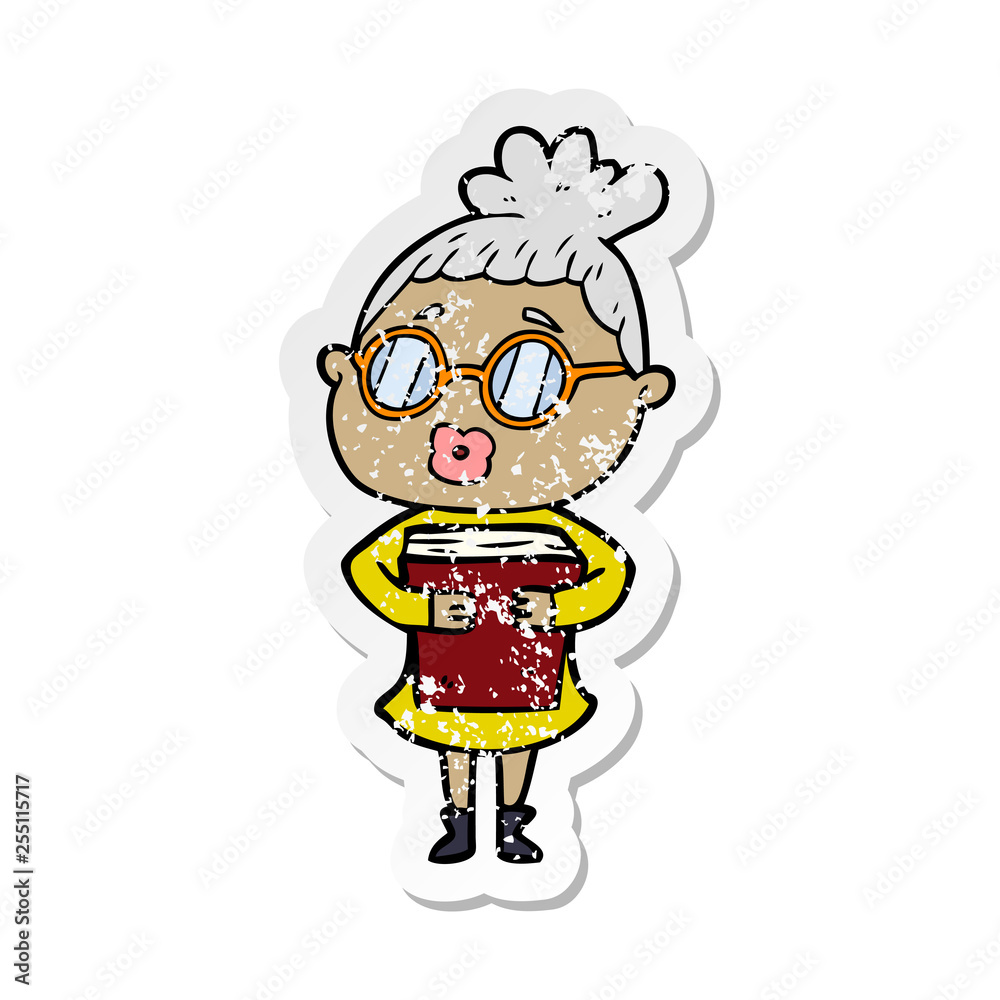distressed sticker of a cartoon woman with book wearing spectacles distressed sticker of a cartoon woman with book wearing spectacles