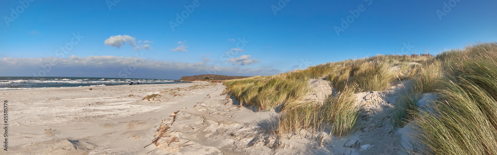Windy beach in Hiddensee island on the Baltic coast of Northern Germany out of season,