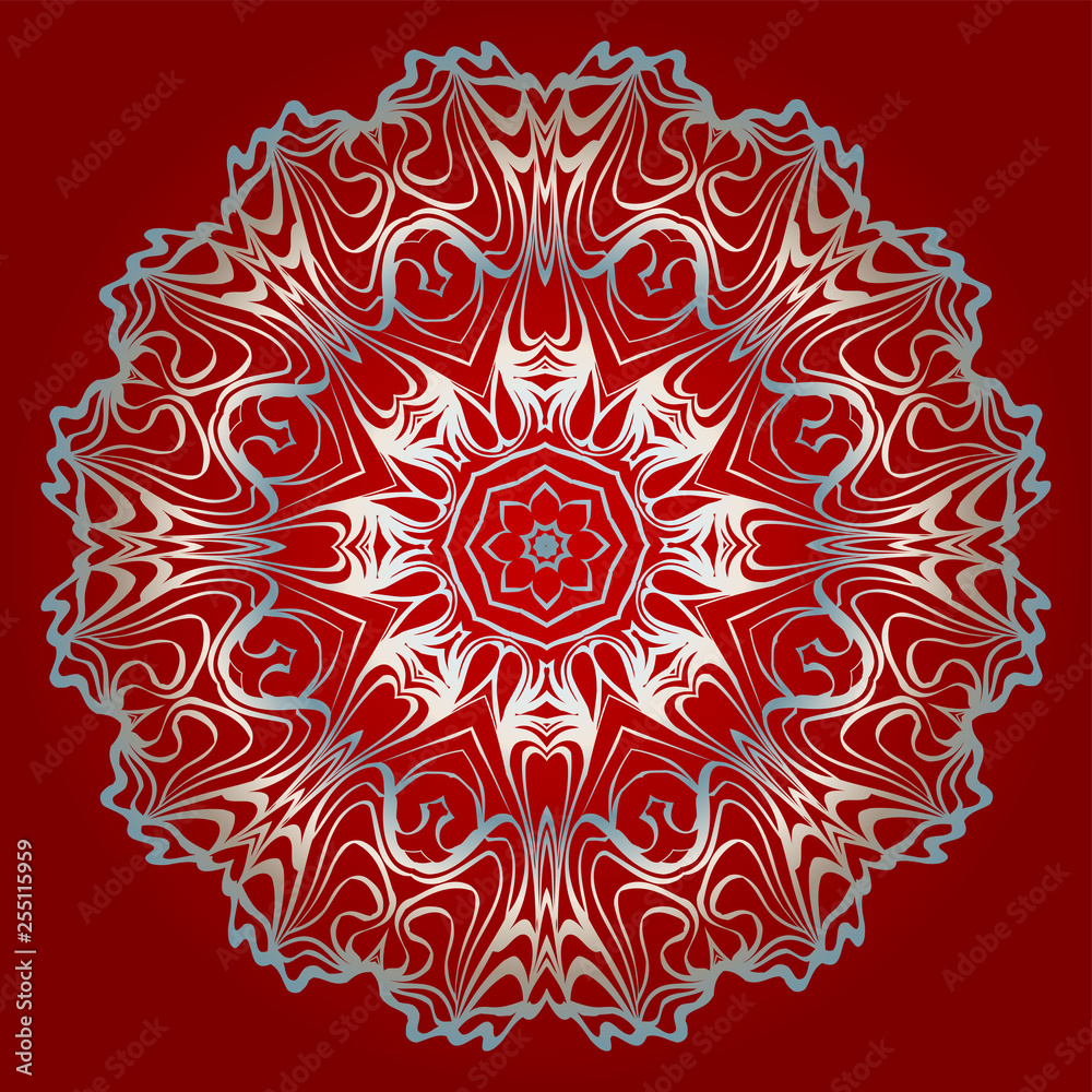 Decorative Round Mandala From Floral Elements. Vector Illustration. For Coloring Book, Greeting Card, Invitation, Tattoo. Anti-Stress Therapy Pattern. Silver, red color