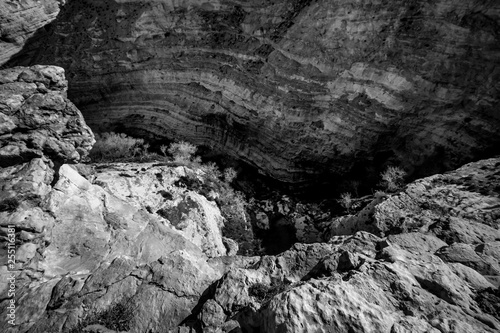 black and white canyon view in the desert, E'in Ovdat nature reserve, Israel