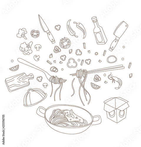 Wok illustration. Asian frying pan. Concept illustration for restaurant