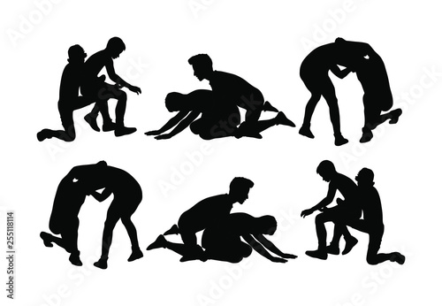 Wrestlers boys wrestling vector silhouette illustration isolated on white. Gymnastic martial art. Sport fighter school. Self defense skills.  Bully abused neighbor kid. Brothers hitting and punching. photo