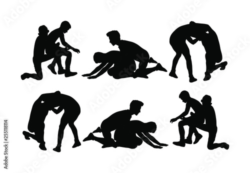 Wrestlers boys wrestling vector silhouette illustration isolated on white. Gymnastic martial art. Sport fighter school. Self defense skills.  Bully abused neighbor kid. Brothers hitting and punching.