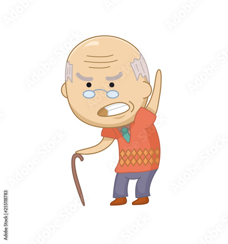 Vector illustration of Angry old man character. Funny grumpy grandfather. Senior man with bold head.