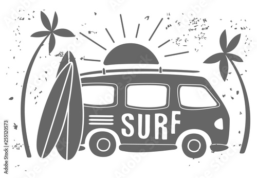 Summer Surf Print with a Mini Van, Palm Trees and Lettering. Vector Illustartion