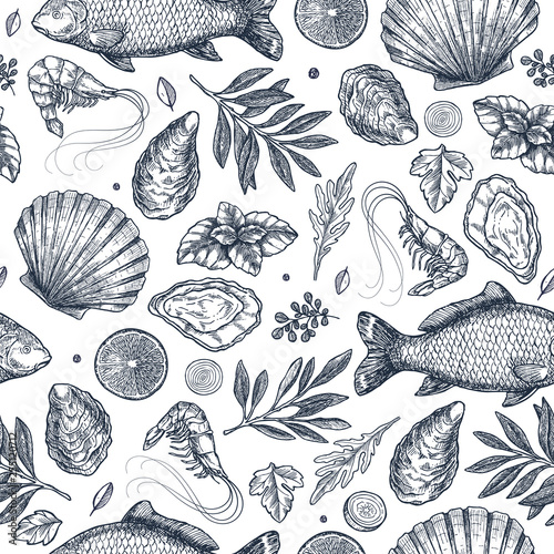 Seafood restaurant seamless pattern.  Fish, seashell, leaf, shrimp. Engraved vintage sea set.  illustration photo