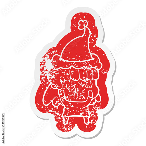 cartoon distressed sticker of a indifferent woman wearing santa hat