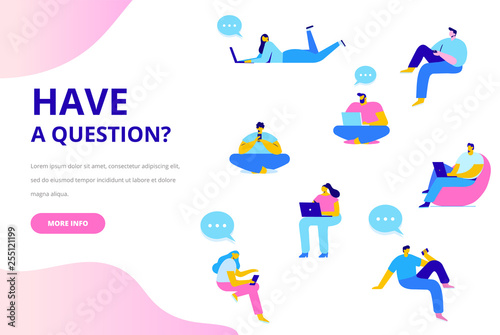 Question and answer concept illustration. People asking to online support center.  Flat vector characters.