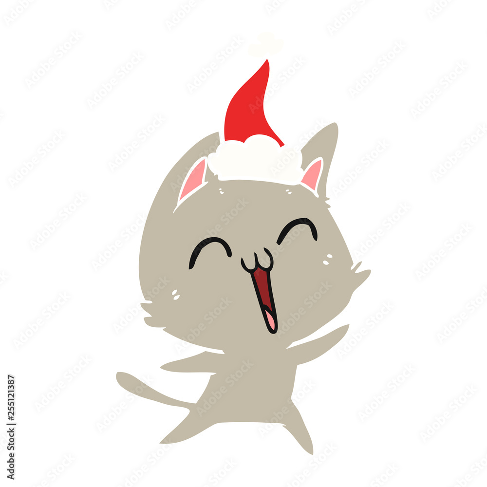 happy flat color illustration of a cat wearing santa hat happy flat color illustration of a cat wearing santa hat