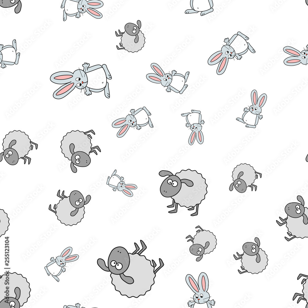Lambs and bunnies seamless pattern in cartoon style