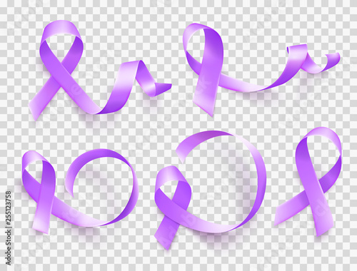 Set of realistic purple ribbons symbol of World Epilepsy day. March 26. Vector.