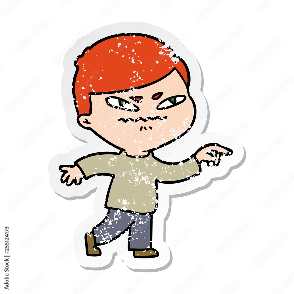 distressed sticker of a cartoon angry man pointing