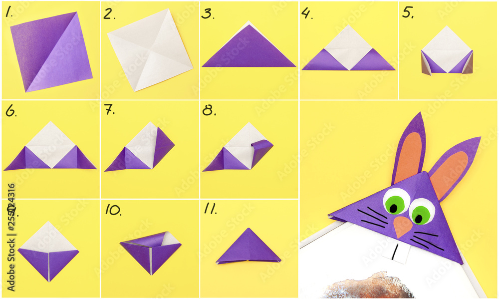 How to make Origami paper bookmark form of bunny for Easter greetings.  Children's art project. DIY concept. Step by step photo instruction. Stock  Photo | Adobe Stock