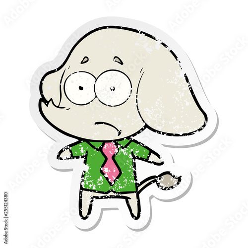 distressed sticker of a cartoon unsure elephant in shirt and tie