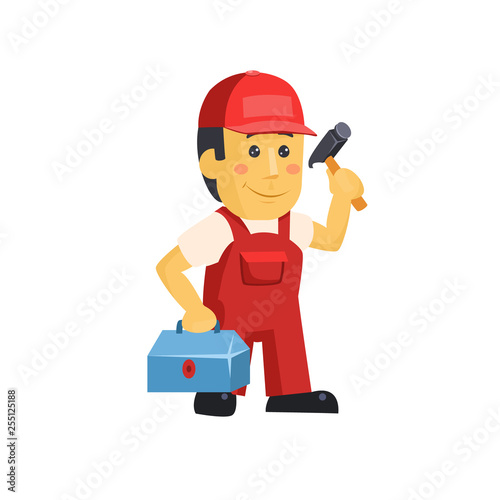 Friendly construction worker man with tools, vector 