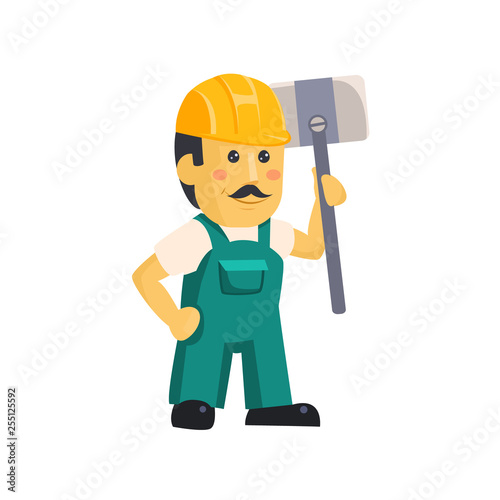 Friendly construction worker man with tools, vector 
