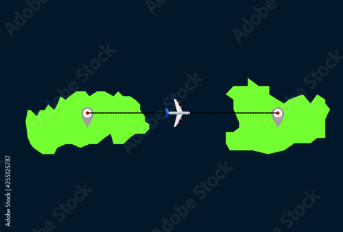 Flat design of airplane flying between two islands.