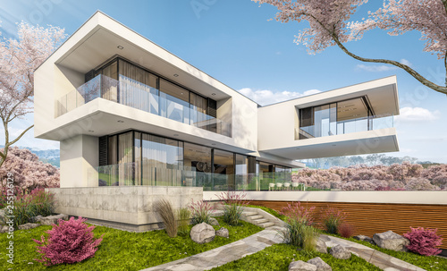 3d rendering of modern cozy house by the river with garage. Fresh spring day with a blooming garden. For sale or rent with flowers of sakura on background.