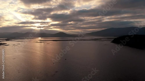 Aerial view of sunrise on the lake in Cerknica. Cerknisko jezero