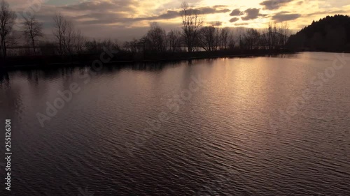 Aerial view of sunrise on the lake in Cerknica. Cerknisko jezero