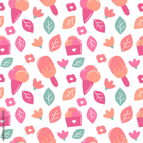 cute colorful summer seamless vector pattern background illustration with ice cream, leaves and flowers