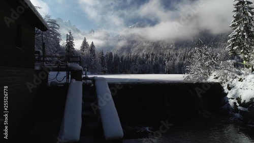 Aerial view of lake Fuzine in Italy. Lago di fuzine