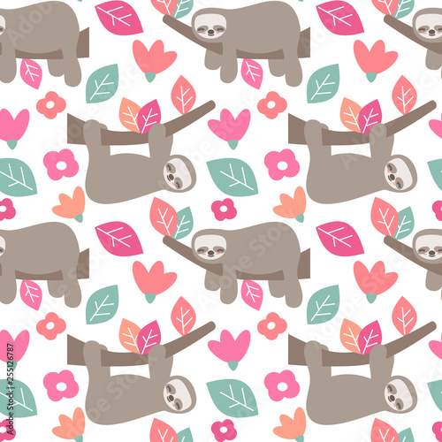 cute cartoon sloth seamless vector pattern background illustration with colorful leaves and flowers