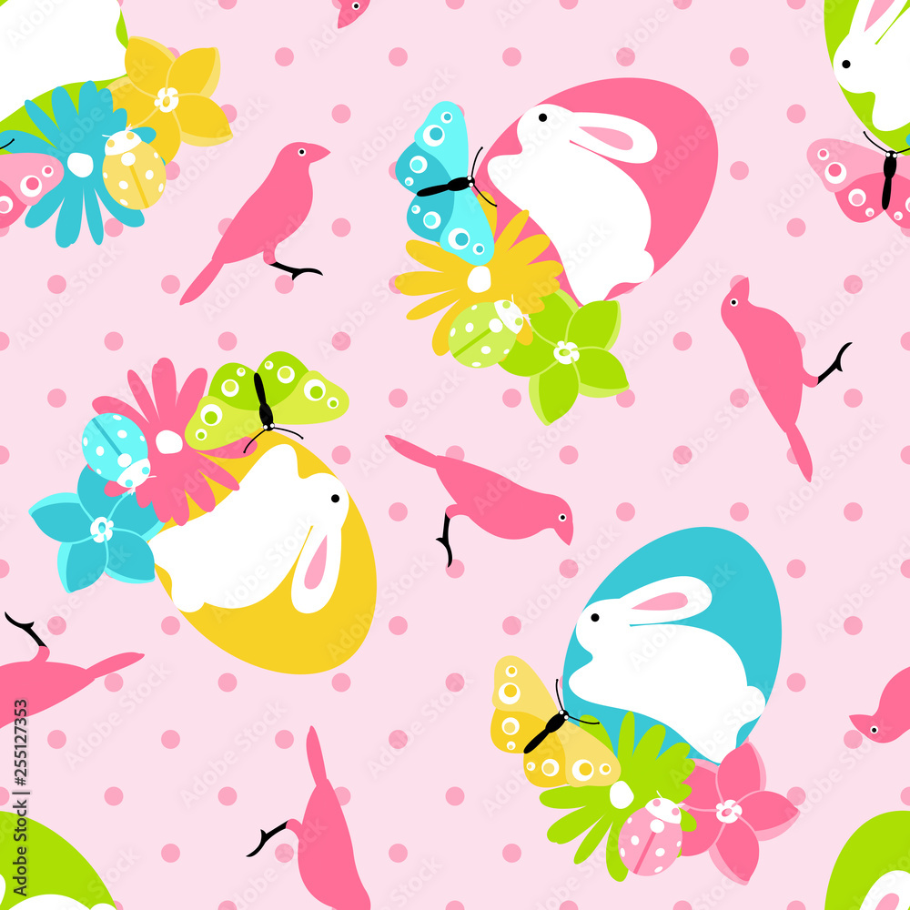 Seamless pattern with easter spring bunny in flowers and birds on green background in cartoon style Seamless pattern with easter spring bunny in flowers and birds on green background in cartoon style