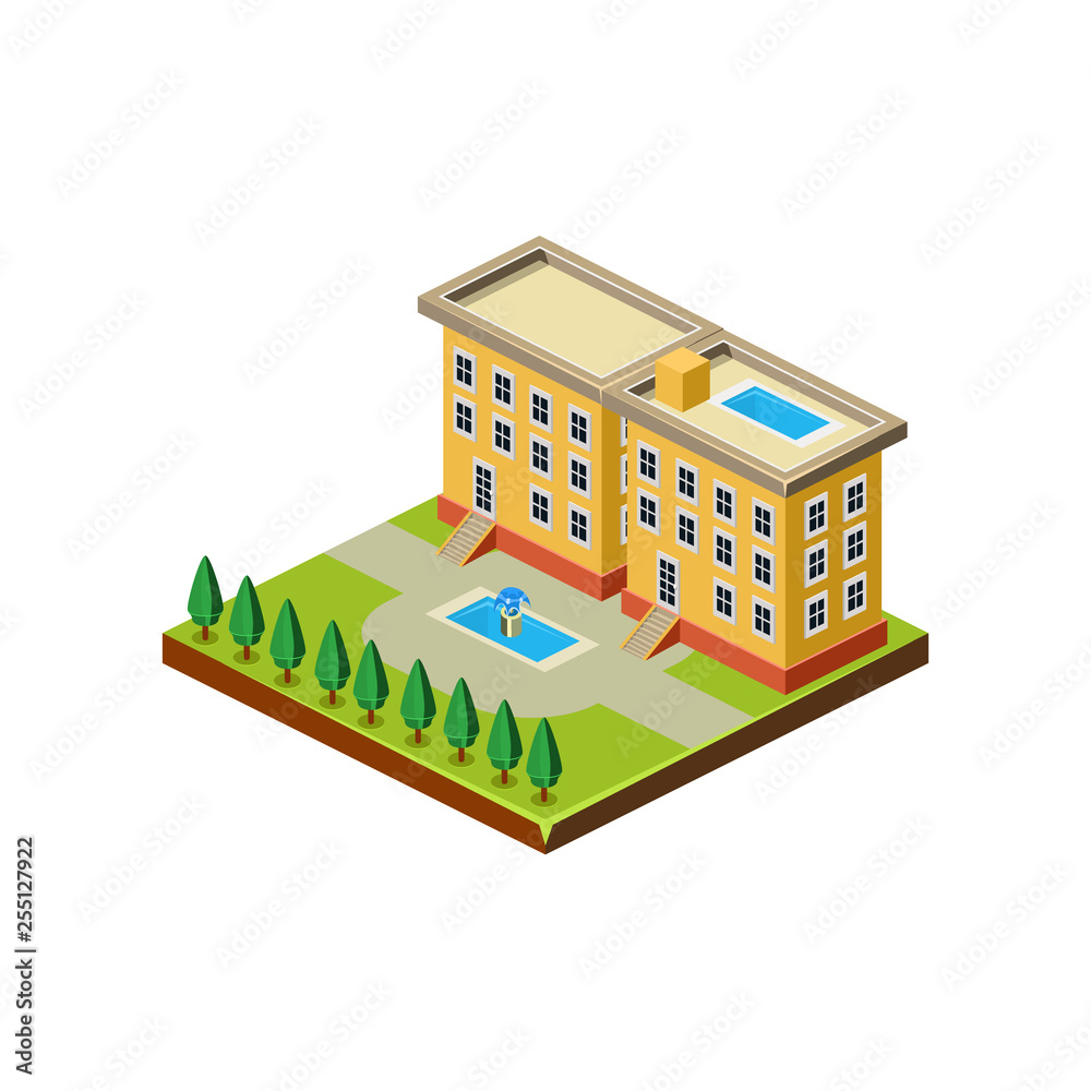 Isometric icon representing modern house with backyard