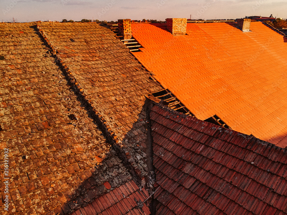 Before and after removal of old roof, replacement with new shingles Stock Photo Adobe Stock
