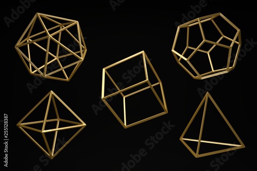 Golden Platonic solids on a dark black background. Abstract photorealistic 3d , Minimalist design for poster, cover, branding, banner, placard.. photo