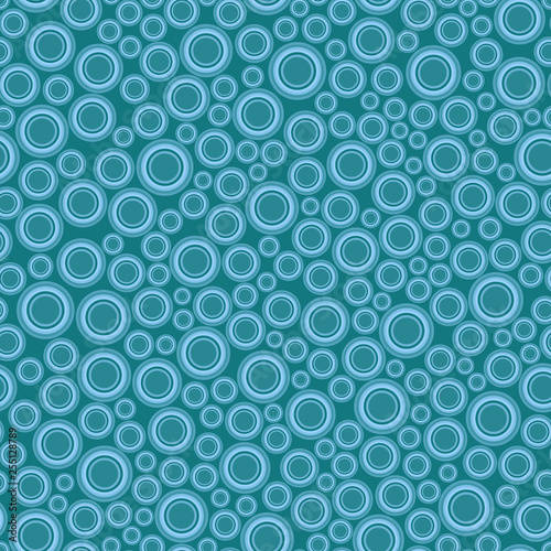 Seamless pattern  texture. Disjoint round elements of different sizes evenly scattered on blue background.