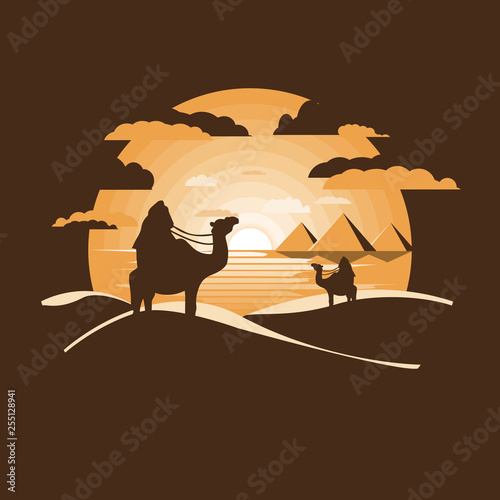 Bedouin near Egypt pyramids landscape. Egyptian great pyramids in the desert on a background. Dry desert under sun,Negative space.Flat design