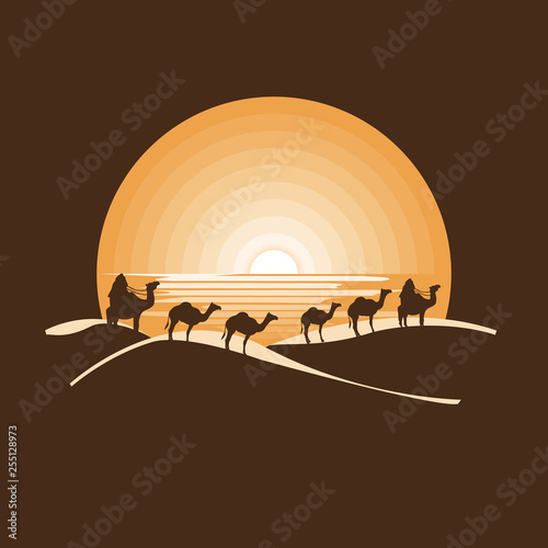 Caravan of camels in the dry desert under sun,Negative space.Flat design