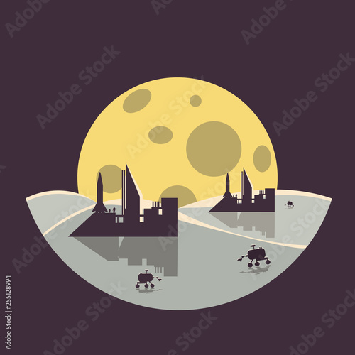 colonization futuristic landscape with colony base,rover and moon.flat design