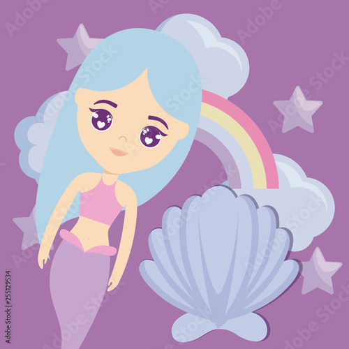 cute mermaid with seashell and rainbow