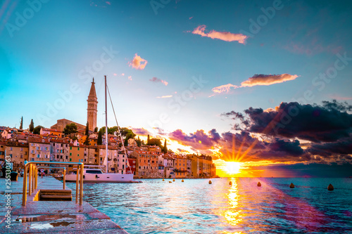 Fototapeta Naklejka Na Ścianę i Meble -  Rovinj colorful town Croatia, sunset Rovinj historical town with church and ocean
