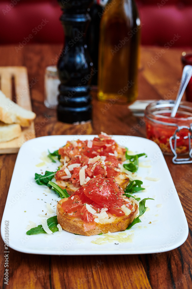 Italian Bruschetta with tomatoes Salsa in the restaurant to eat 