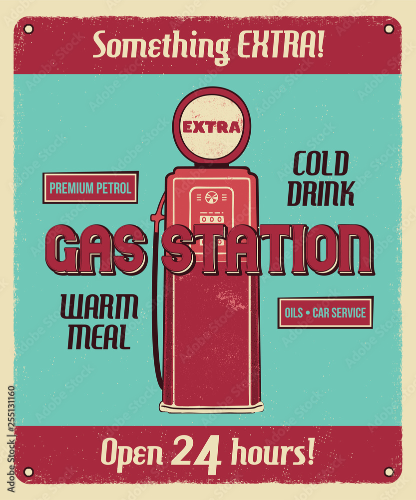 Gas station service vintage poster with retro gas pump and texts. Car service, auto parts and mechanic on duty, transport maintenance and repairing brochure. Garage station for automobiles. Vector