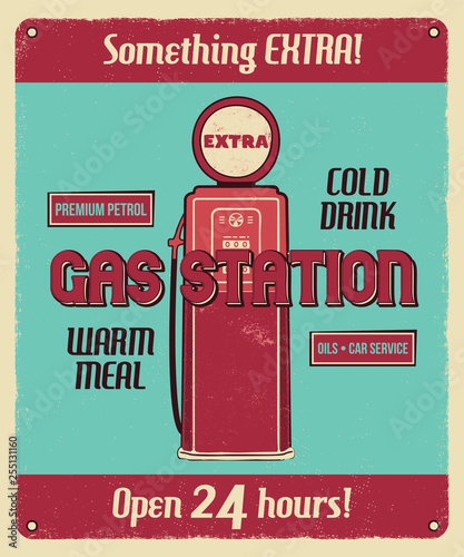 Gas station service vintage poster with retro gas pump and texts. Car service, auto parts and mechanic on duty, transport maintenance and repairing brochure. Garage station for automobiles. Vector