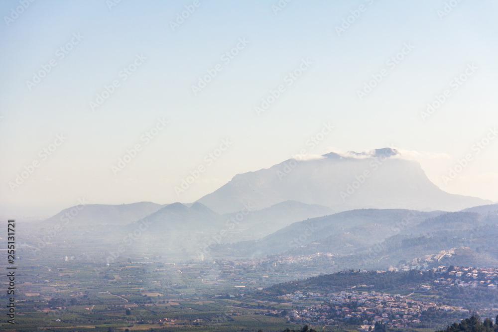 Panoramic view of Montgó mountain and Rectoria Valley in Marina Alta, Alicante, Spain. View from Vall de Laguar town.