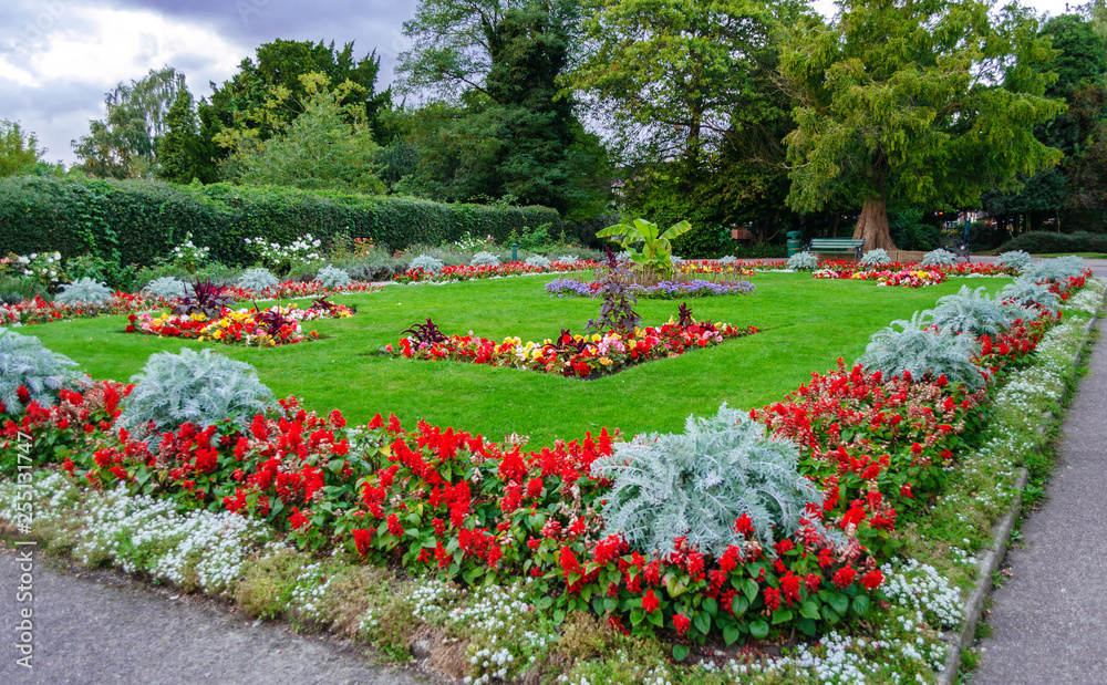 view of the park trees and flower beds with flowers