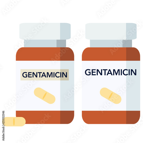 Gentamicin is an antibiotic used to treat bacterial infections, bottle of pills.
